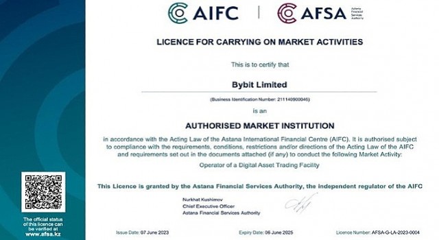 Bybite Astana Finansal Hizmet Otoritesi AFSAdan tarafından Kazakistanda Yetkili Piyasa Kurumu olarak Dijital Varlık Ticareti Tesisi İşletme ve Gözetim Sağlama lisansı